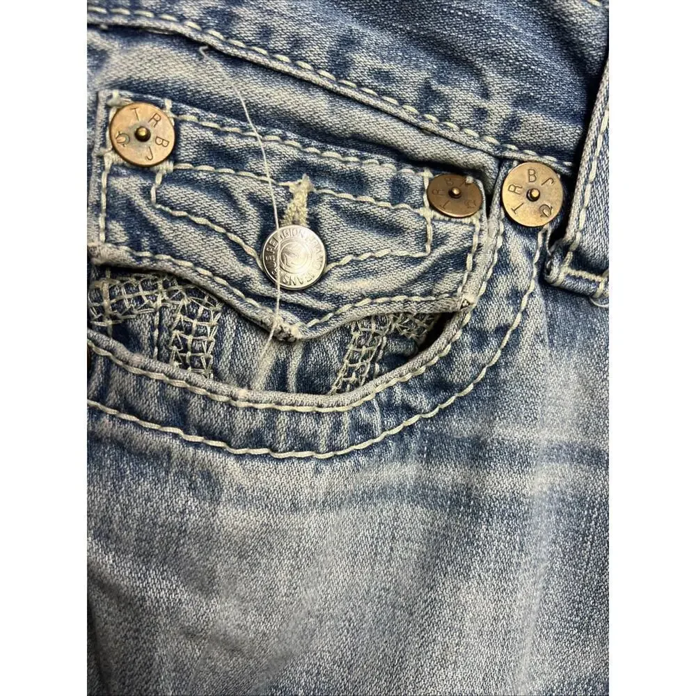 True Religion Billy Big T Flap Distressed Denim Embroidered Jeans ACTUAL 30x33